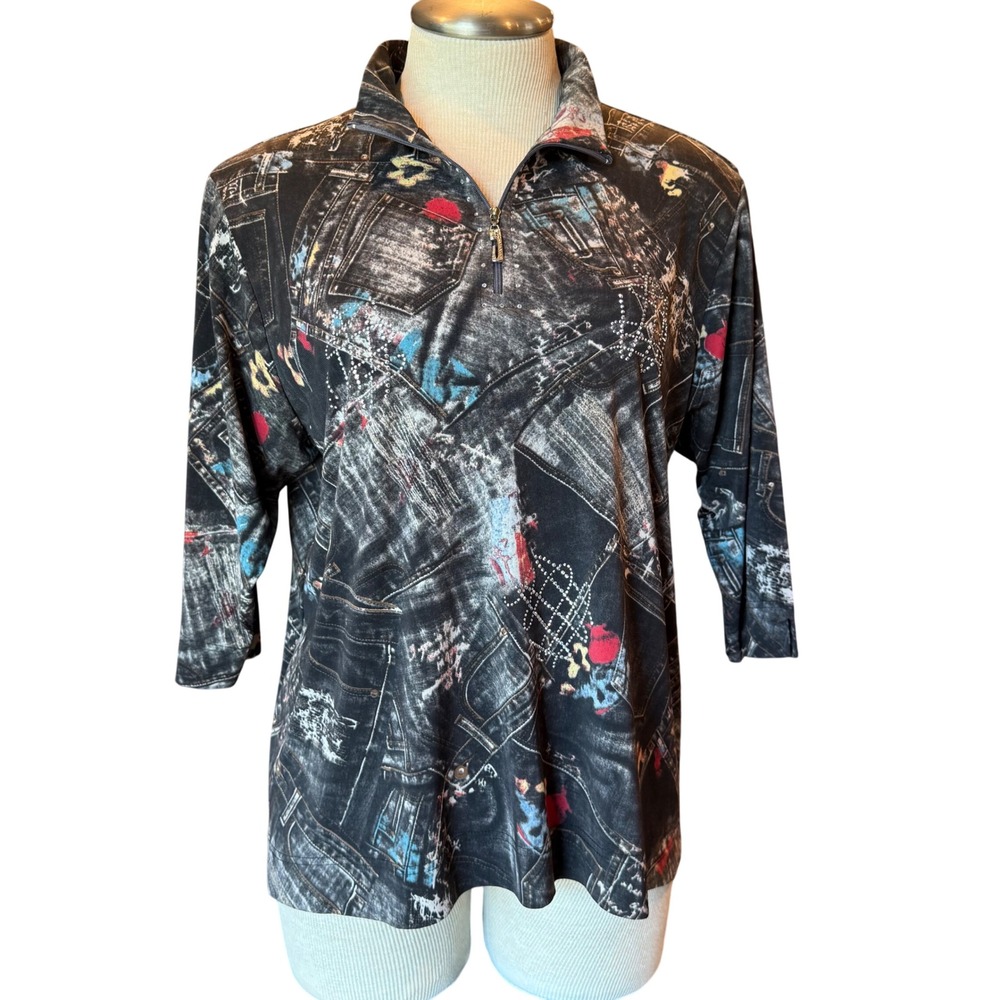 Jackets Galore by John Farrah Rhinestone Denim Print Zip Top Size L Vintage Y2K
